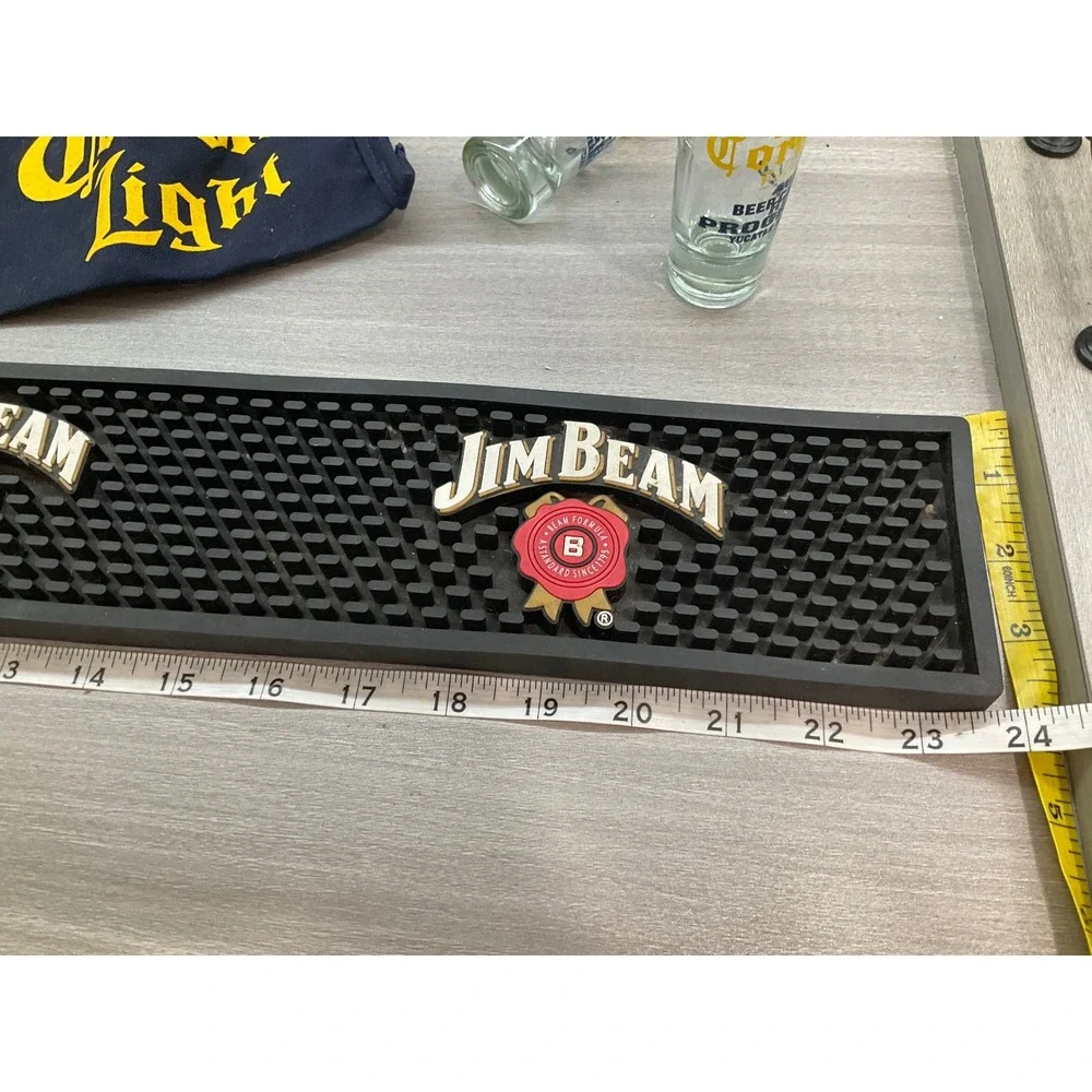 JIM BEAM BLACK BAR RAIL SPILL MAT CORONA APRON AND CORONA VINTAGE SHOT GLASSES